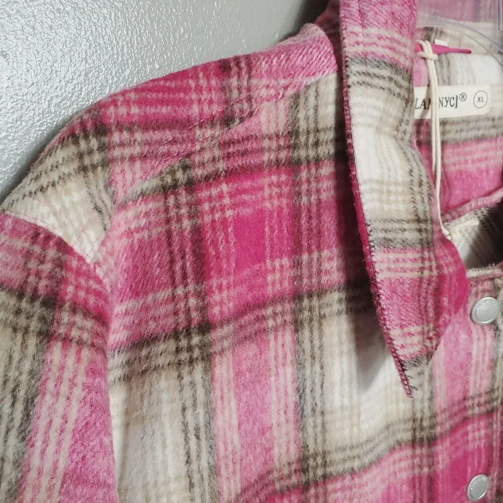 BLANKNYC Shacket Women Size XL Pink Brown Plaid Flannel Snap Buttons New - Picture 7 of 13